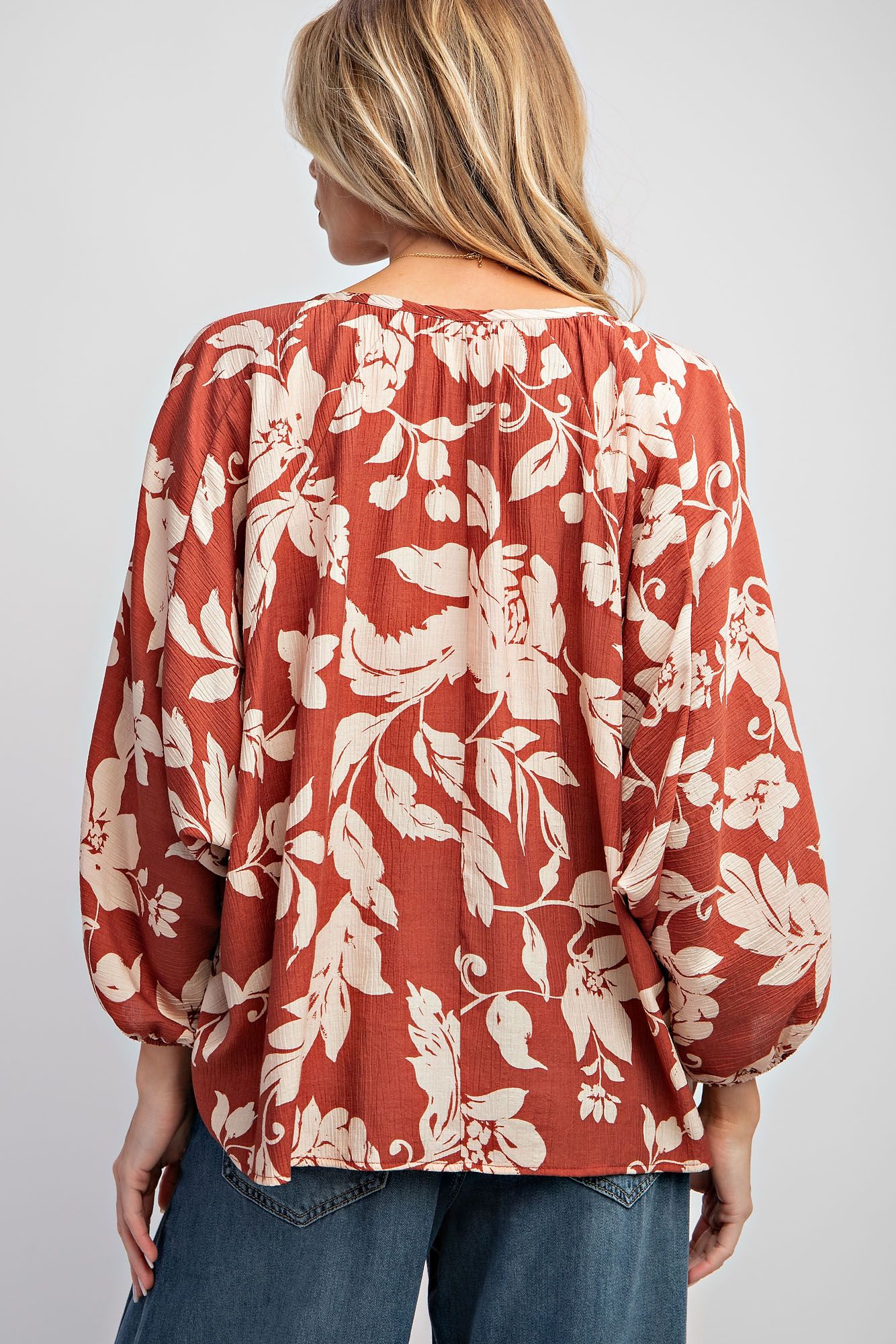 Printed Peach Blossom Woven V Neck Top - Dolman Sleeves Color - Coffee