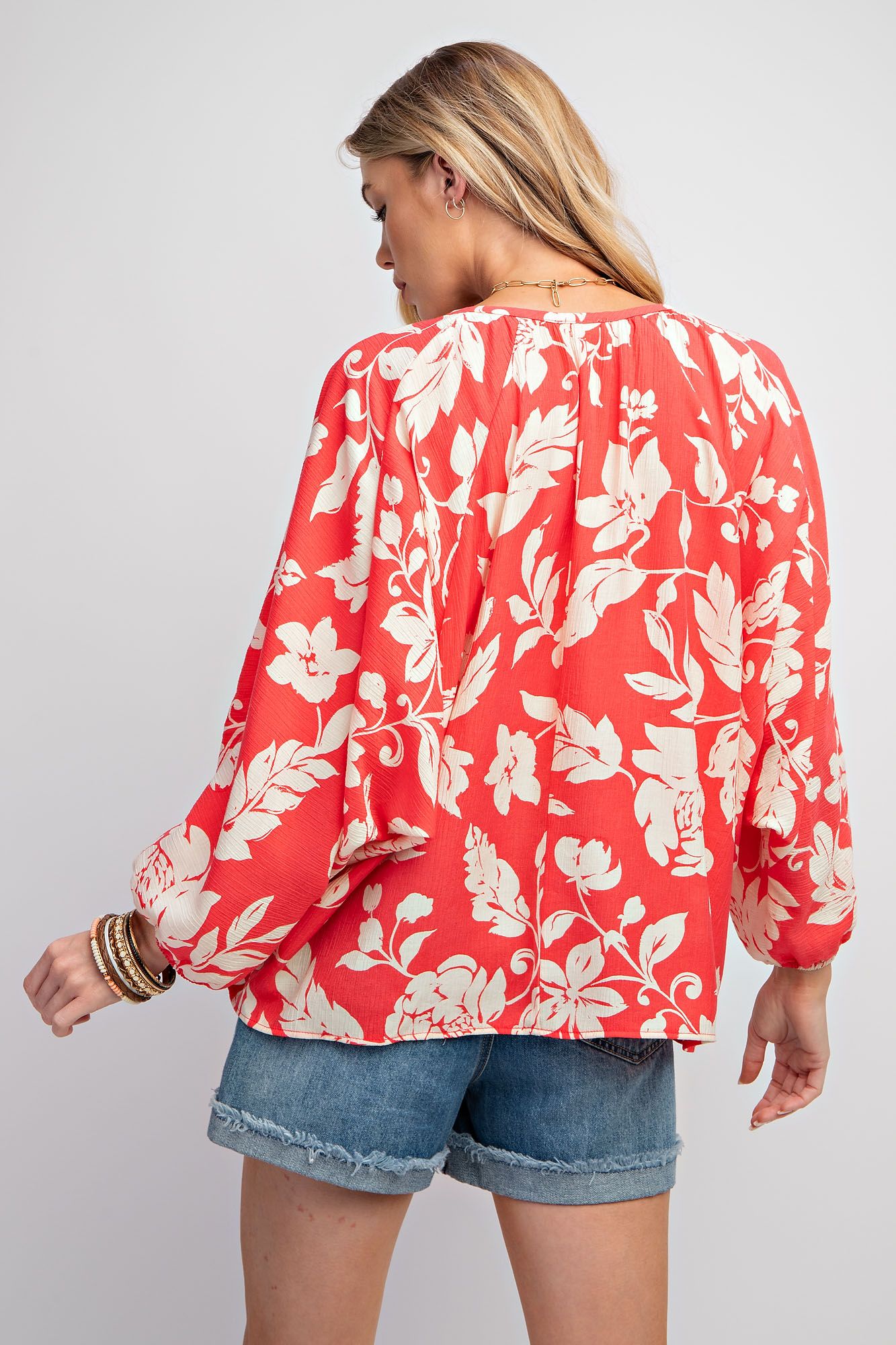 Printed Peach Blossom Woven V Neck Top - Dolman Sleeves Color - Coral