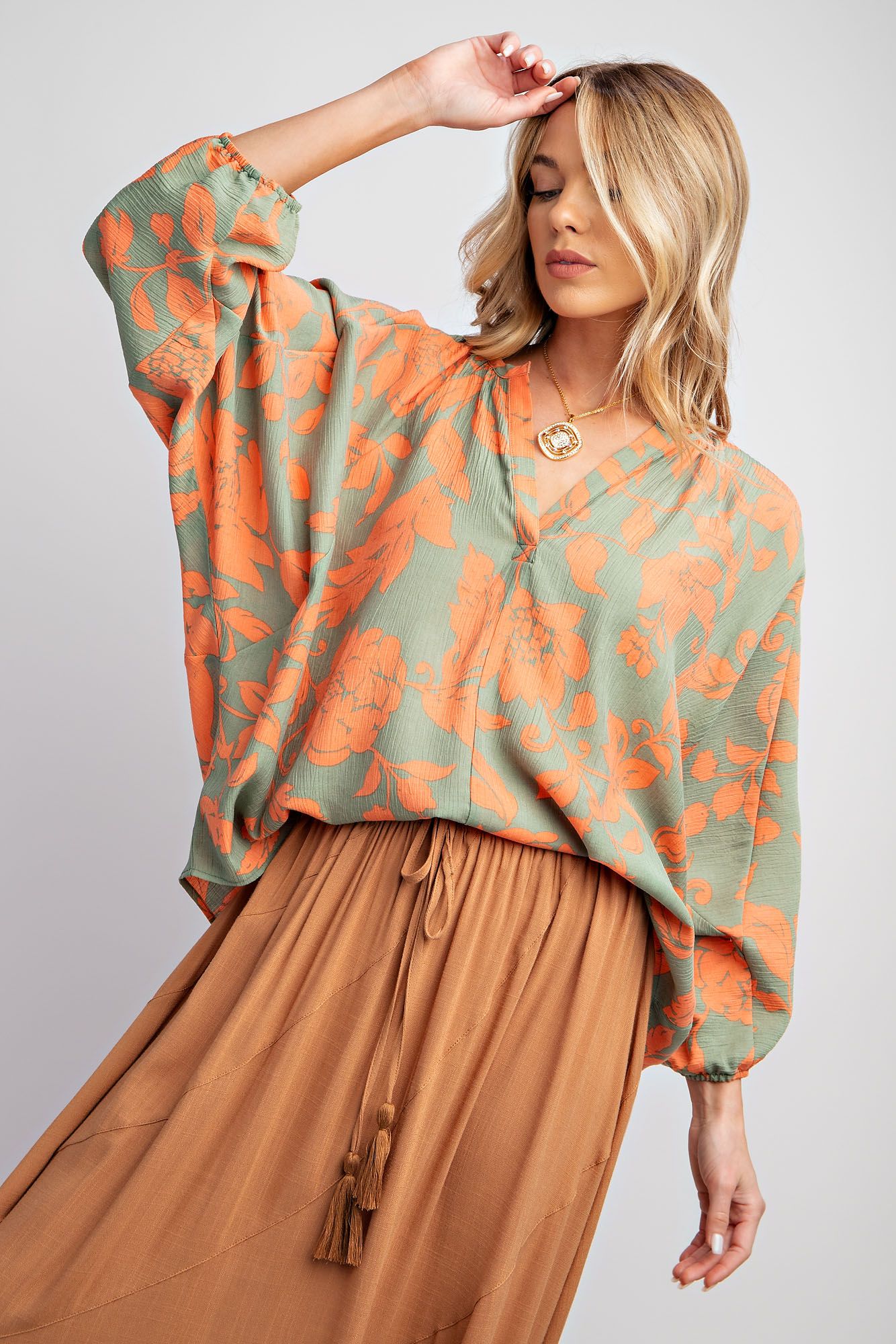 Printed Peach Blossom Woven V Neck Top - Dolman Sleeves Color - Sage - Buttercup Lynne Boutique