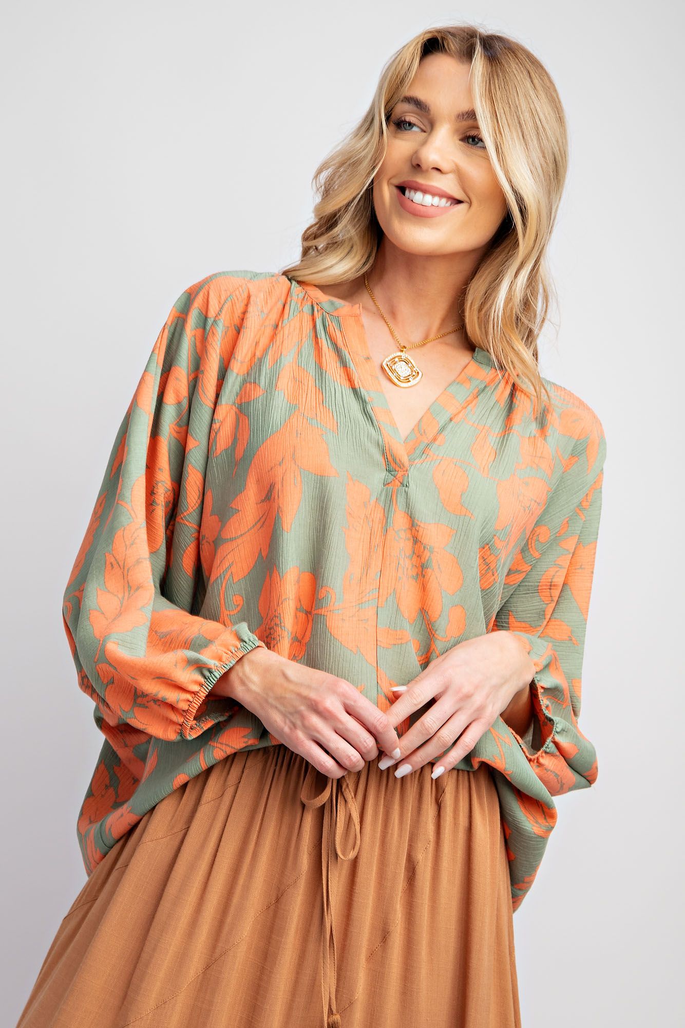 Printed Peach Blossom Woven V Neck Top - Dolman Sleeves  Color - Sage