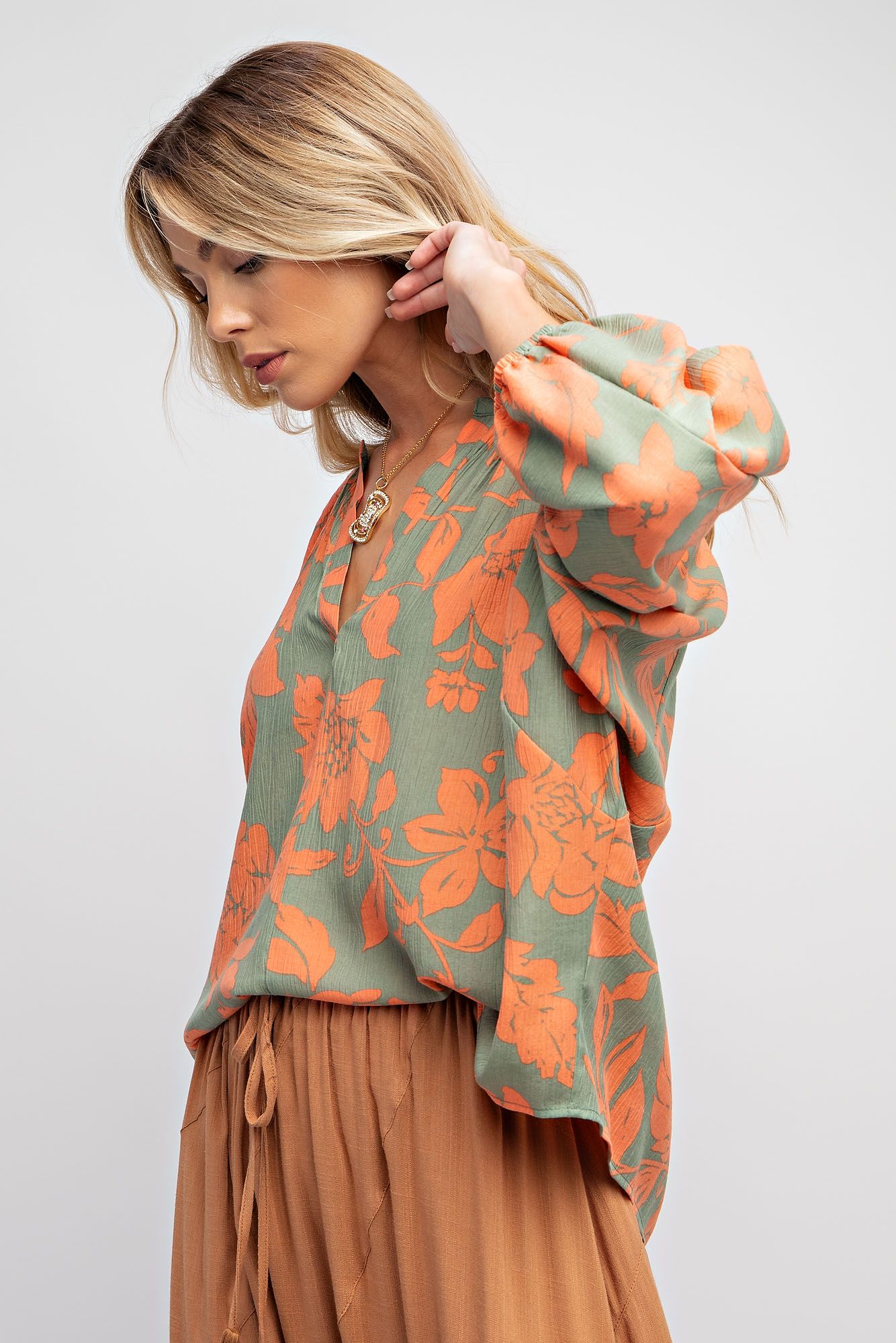 Printed Peach Blossom Woven V Neck Top - Dolman Sleeves Color - Sage - Buttercup Lynne Boutique