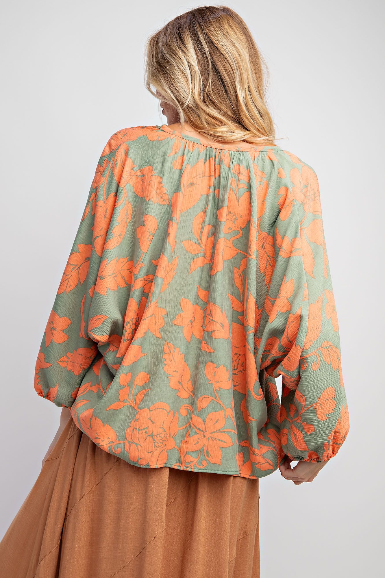 Printed Peach Blossom Woven V Neck Top - Dolman Sleeves Color - Sage - Buttercup Lynne Boutique