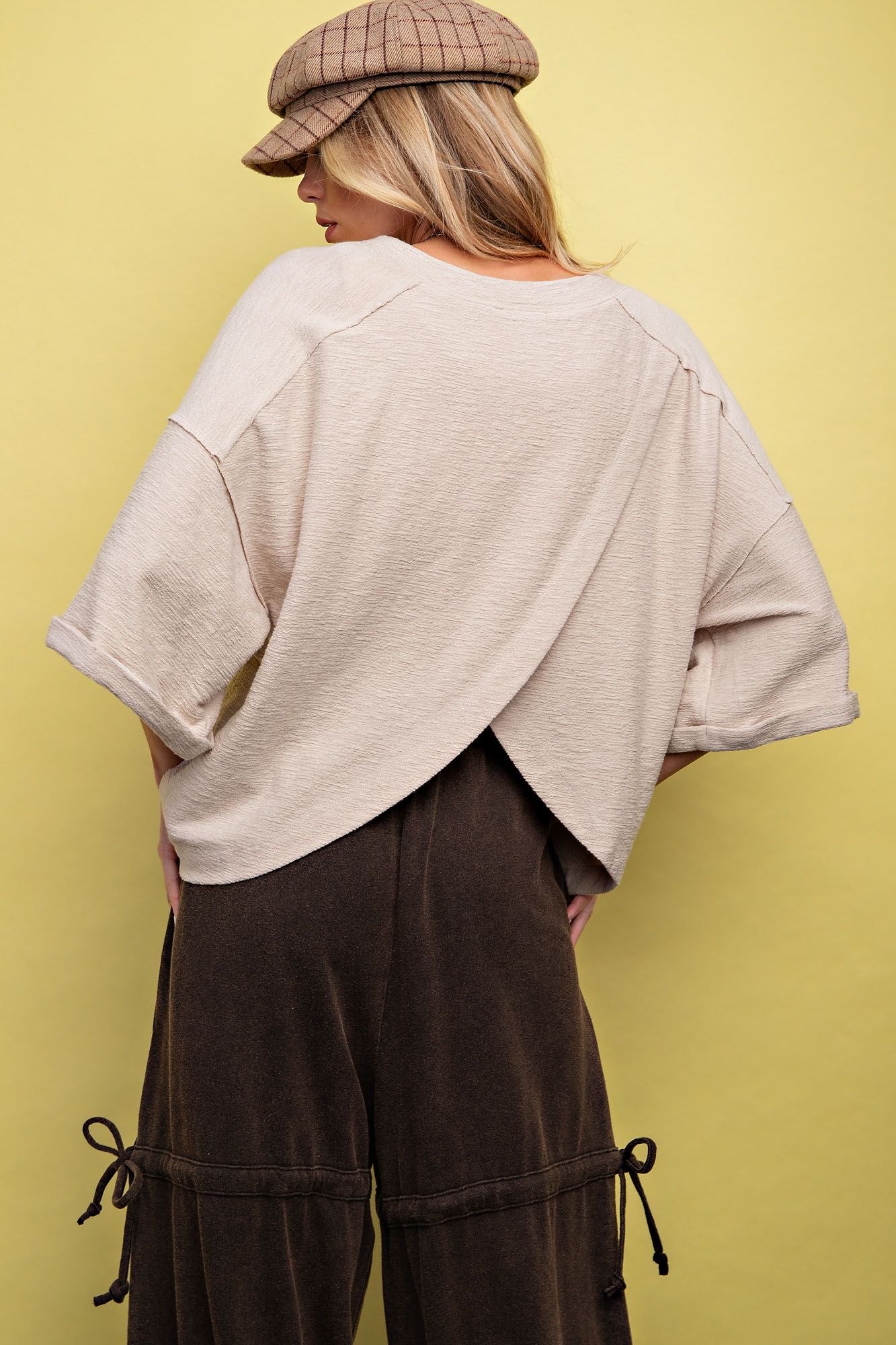 3/4 Sleeve Khaki Knit Crop Top - Back Wrap Detail - Buttercup Lynne Boutique