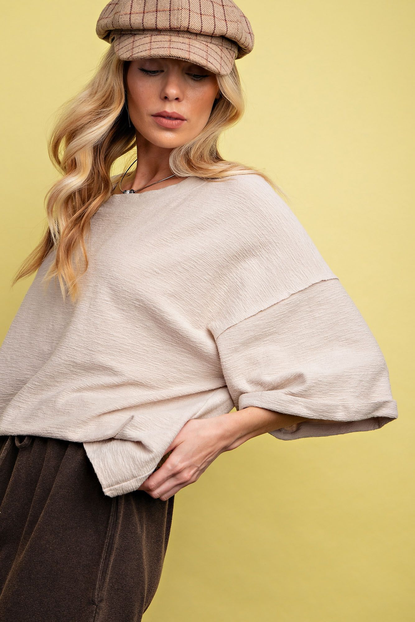 3/4 Sleeve Khaki Knit Crop Top - Back Wrap Detail - Buttercup Lynne Boutique