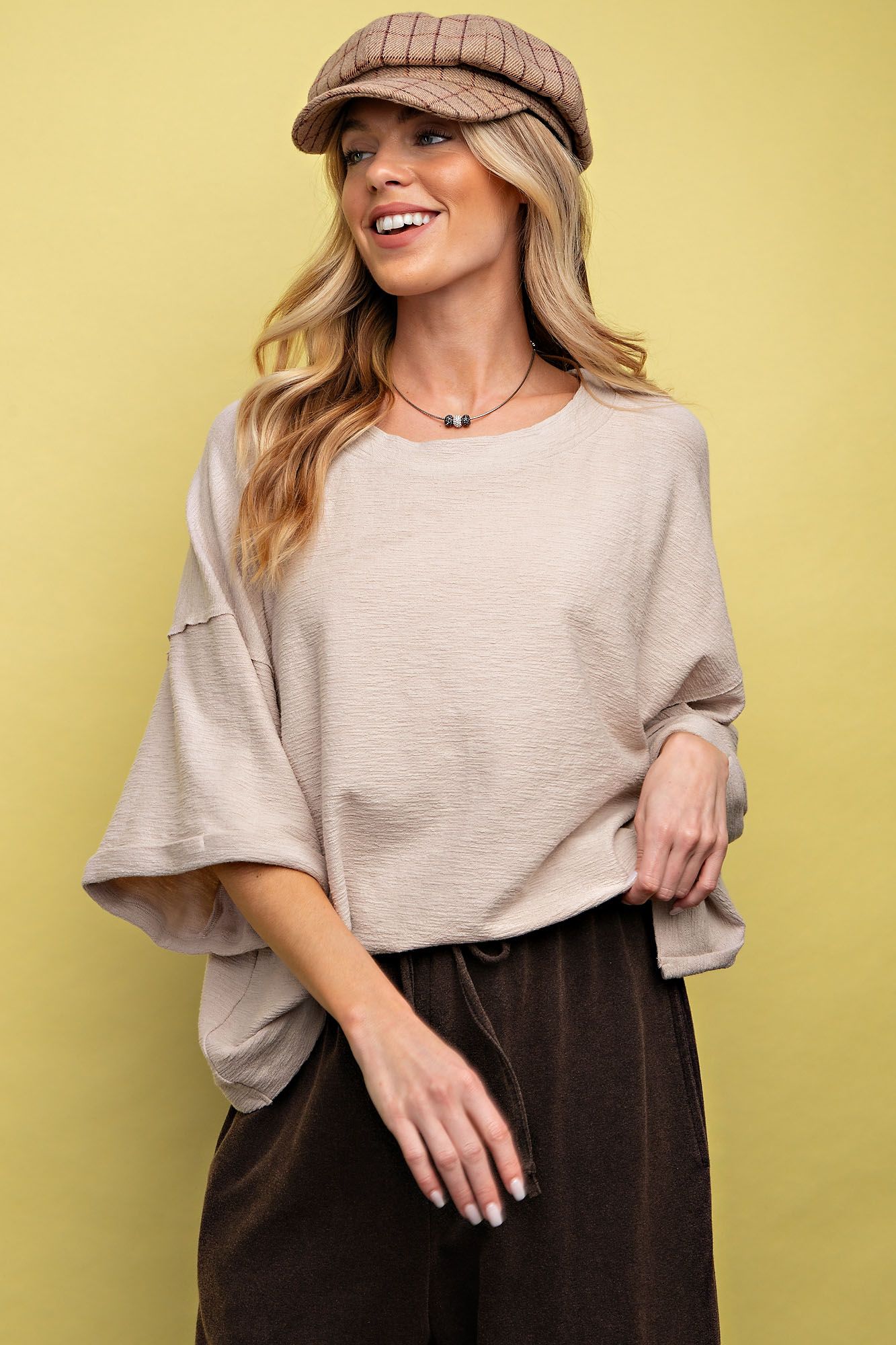 3/4 Sleeve Khaki Knit Crop Top - Back Wrap Detail - Buttercup Lynne Boutique