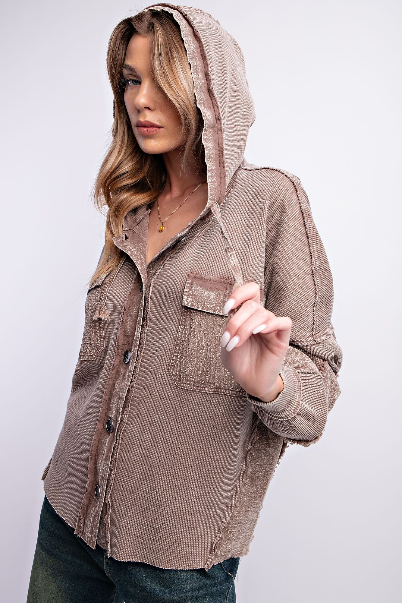 Washed Thermal Button-Down Hoodie