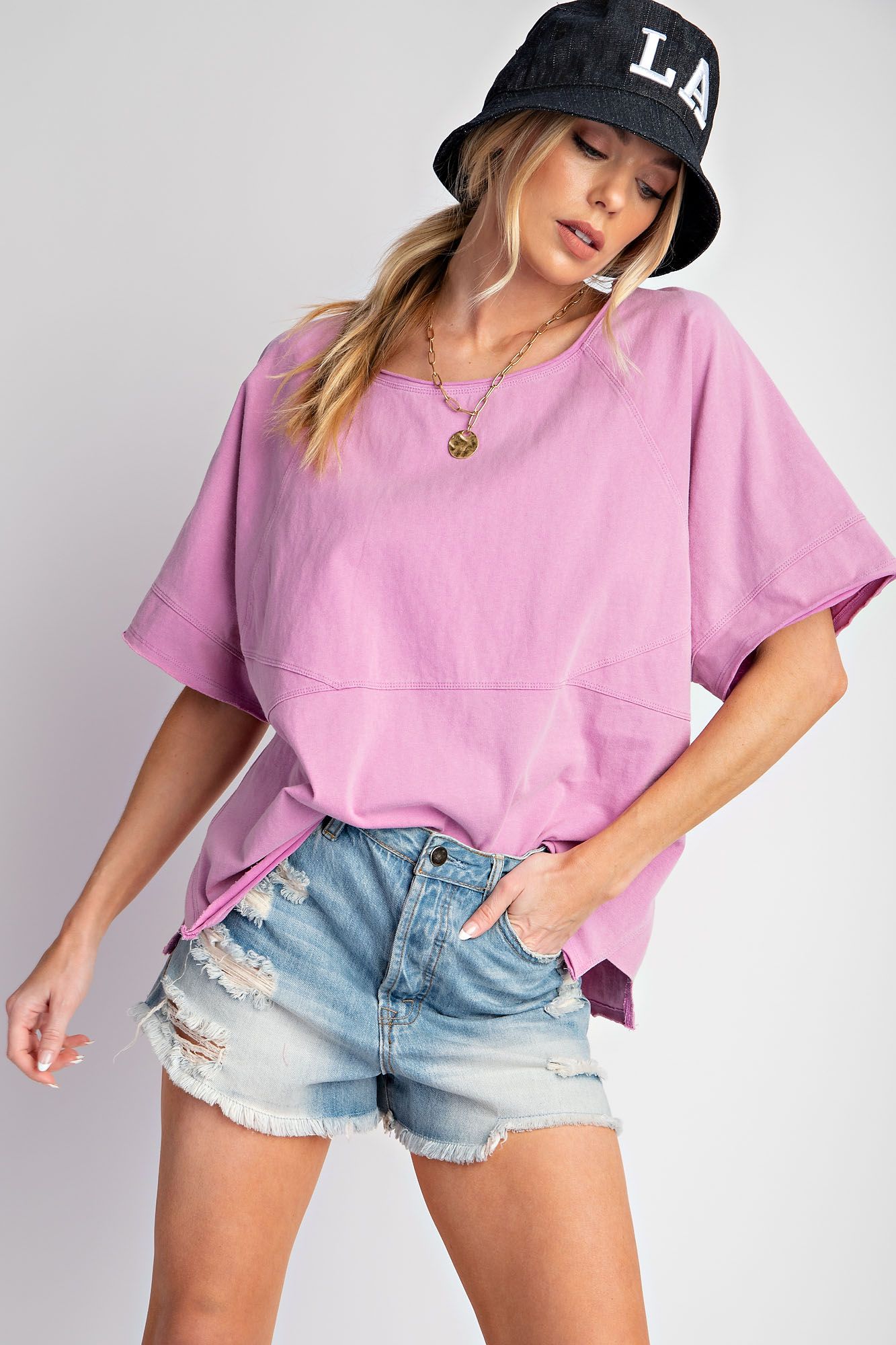 Short Sleeve Mineral Washed Jersey Top in Lilac Pink