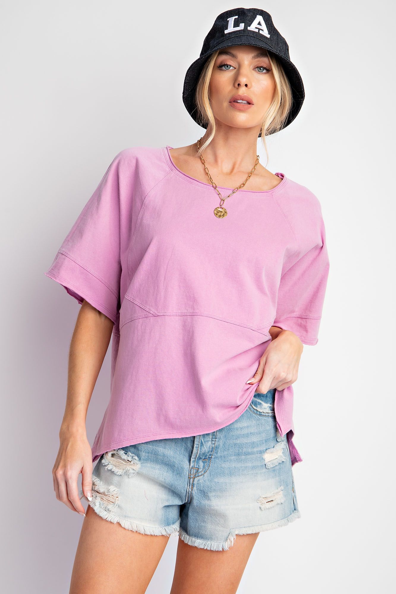 Short Sleeve Mineral Washed Jersey Top in Lilac Pink