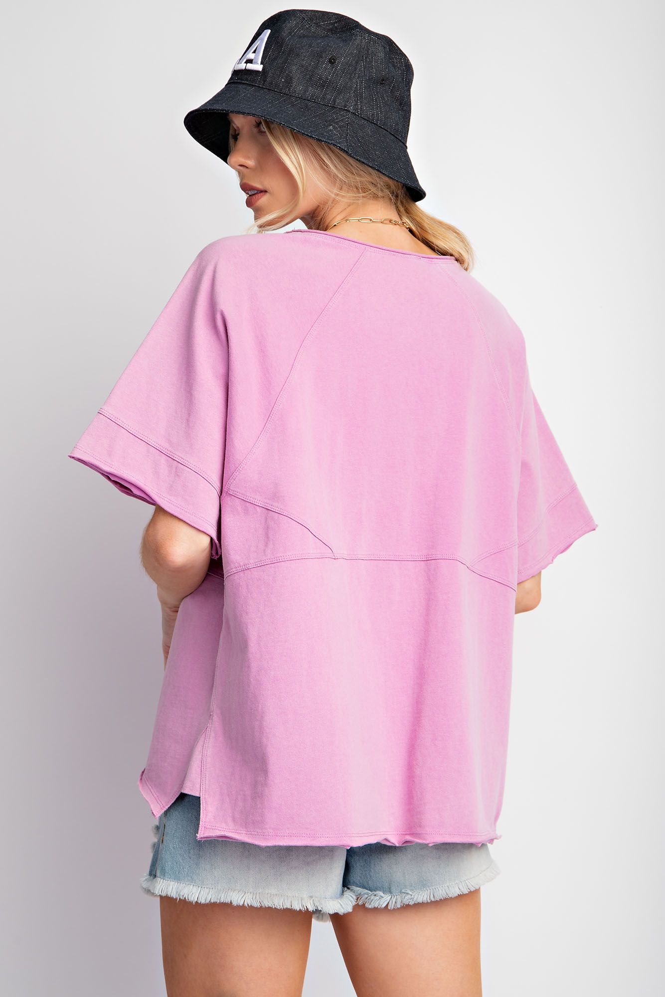 Short Sleeve Mineral Washed Jersey Top in Lilac Pink