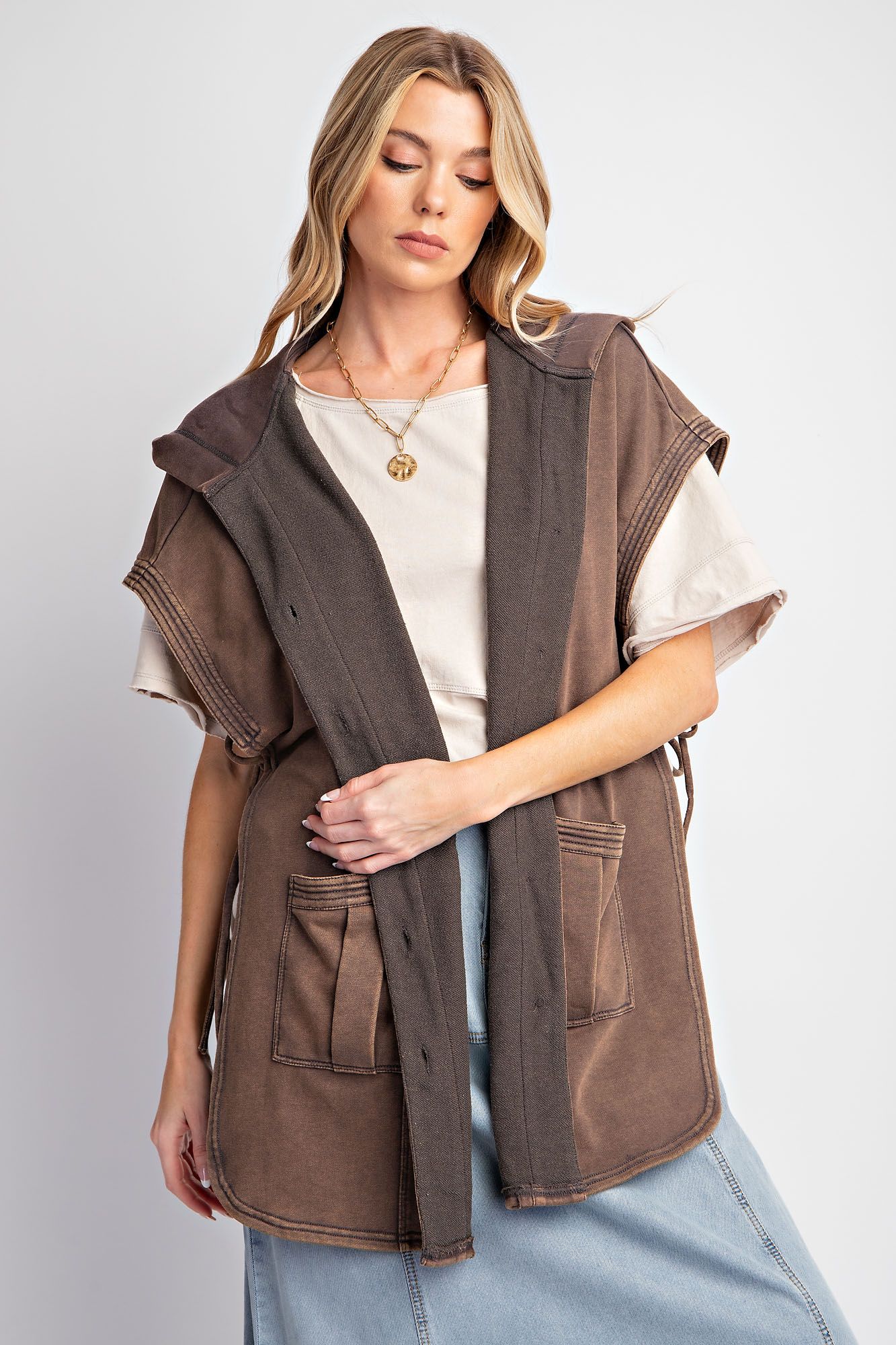 Button Down Mineral Washed Hooded Vest