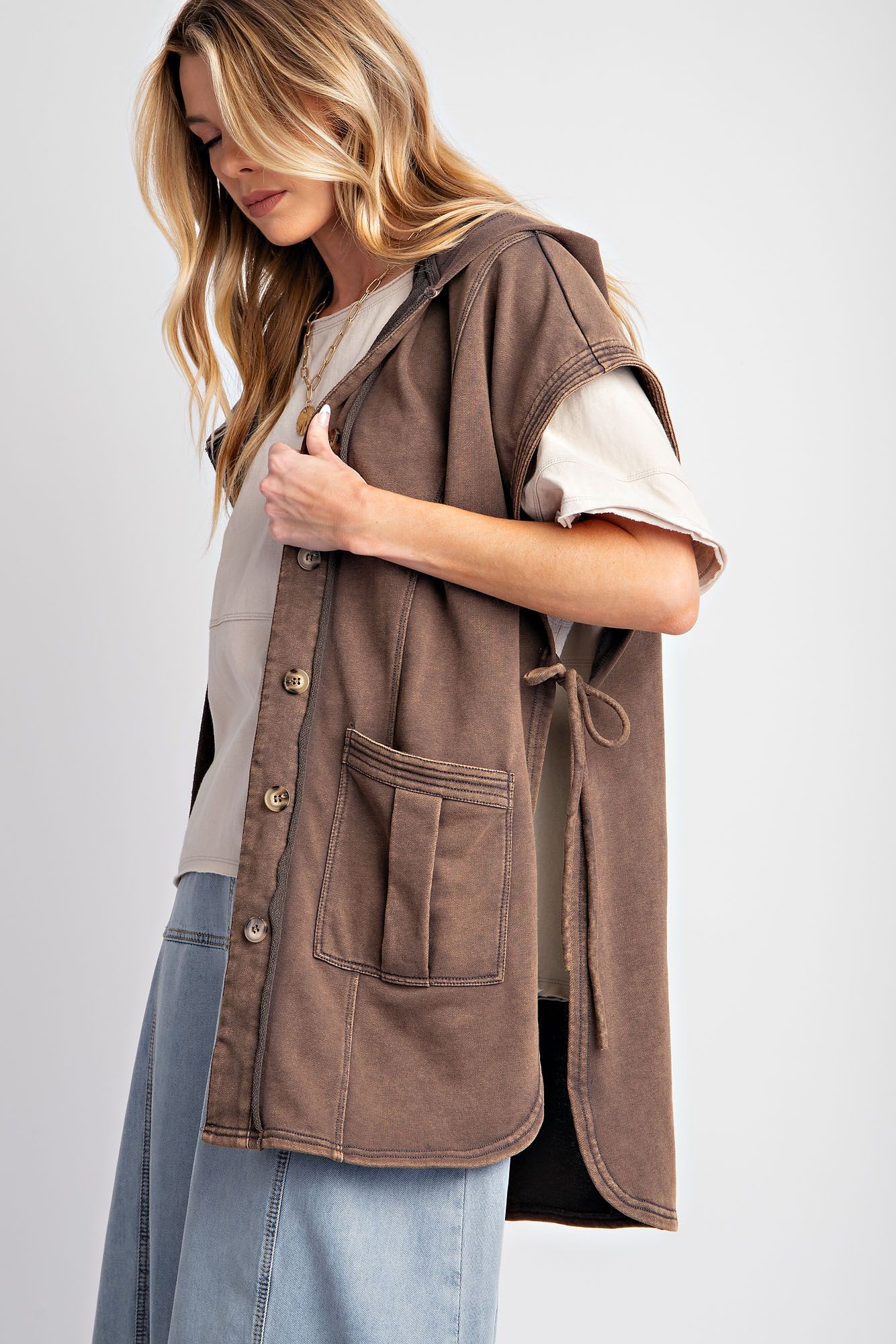 Button Down Mineral Washed Hooded Vest