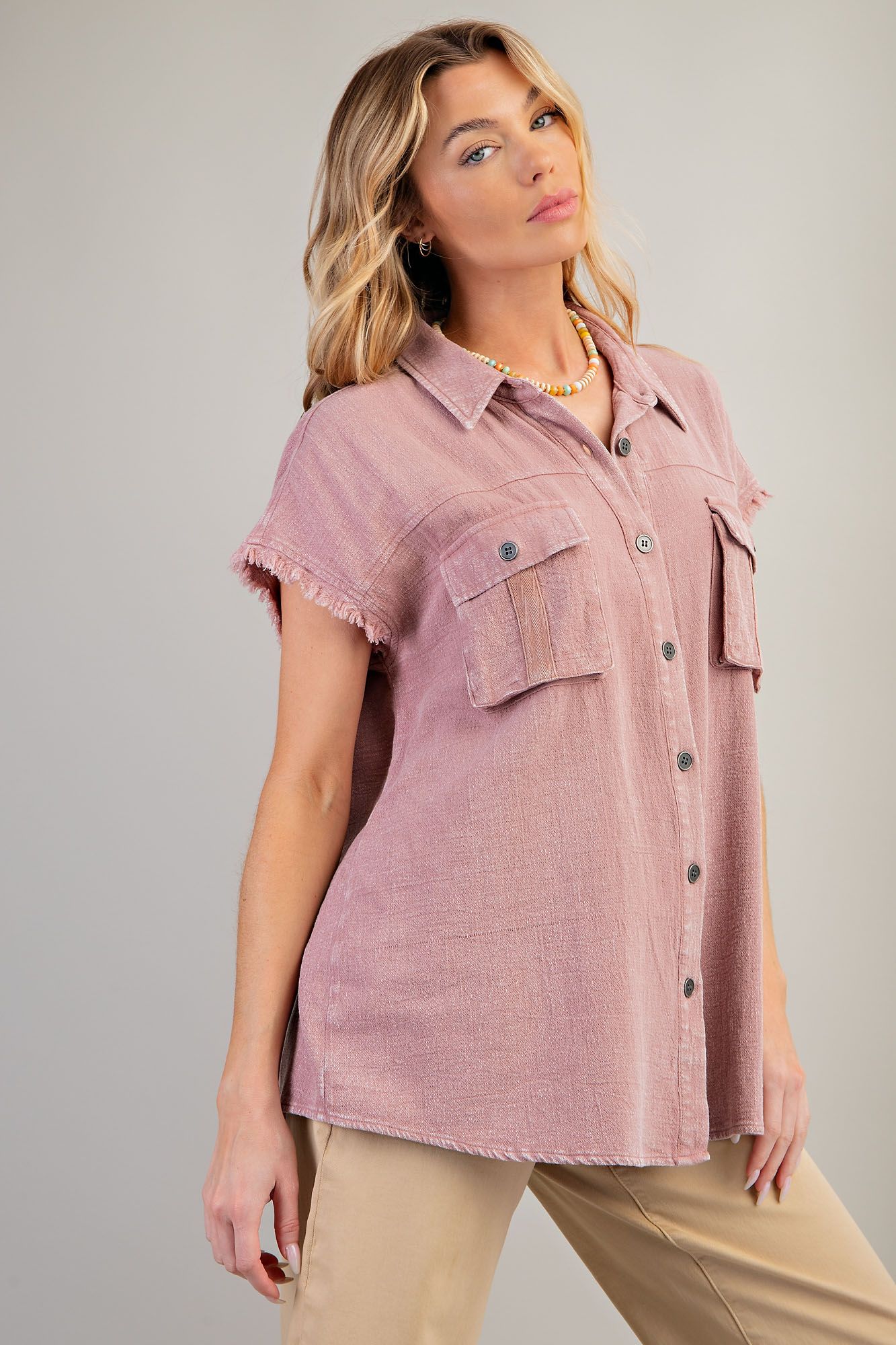 Raw Edge Cap Sleeve Mineral Washed Button Down Top - Dusty Rose