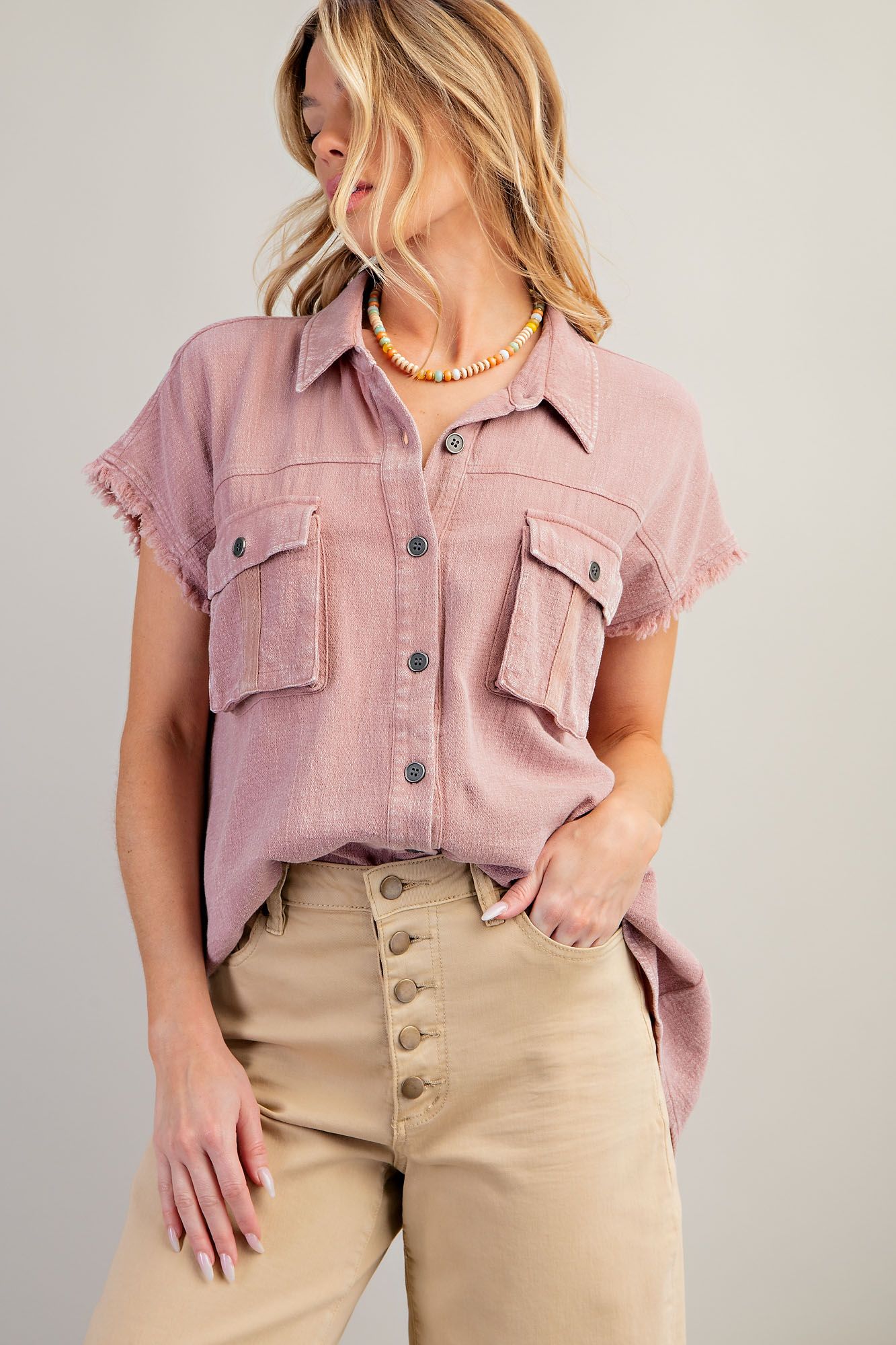 Raw Edge Cap Sleeve Mineral Washed Button Down Top - Dusty Rose