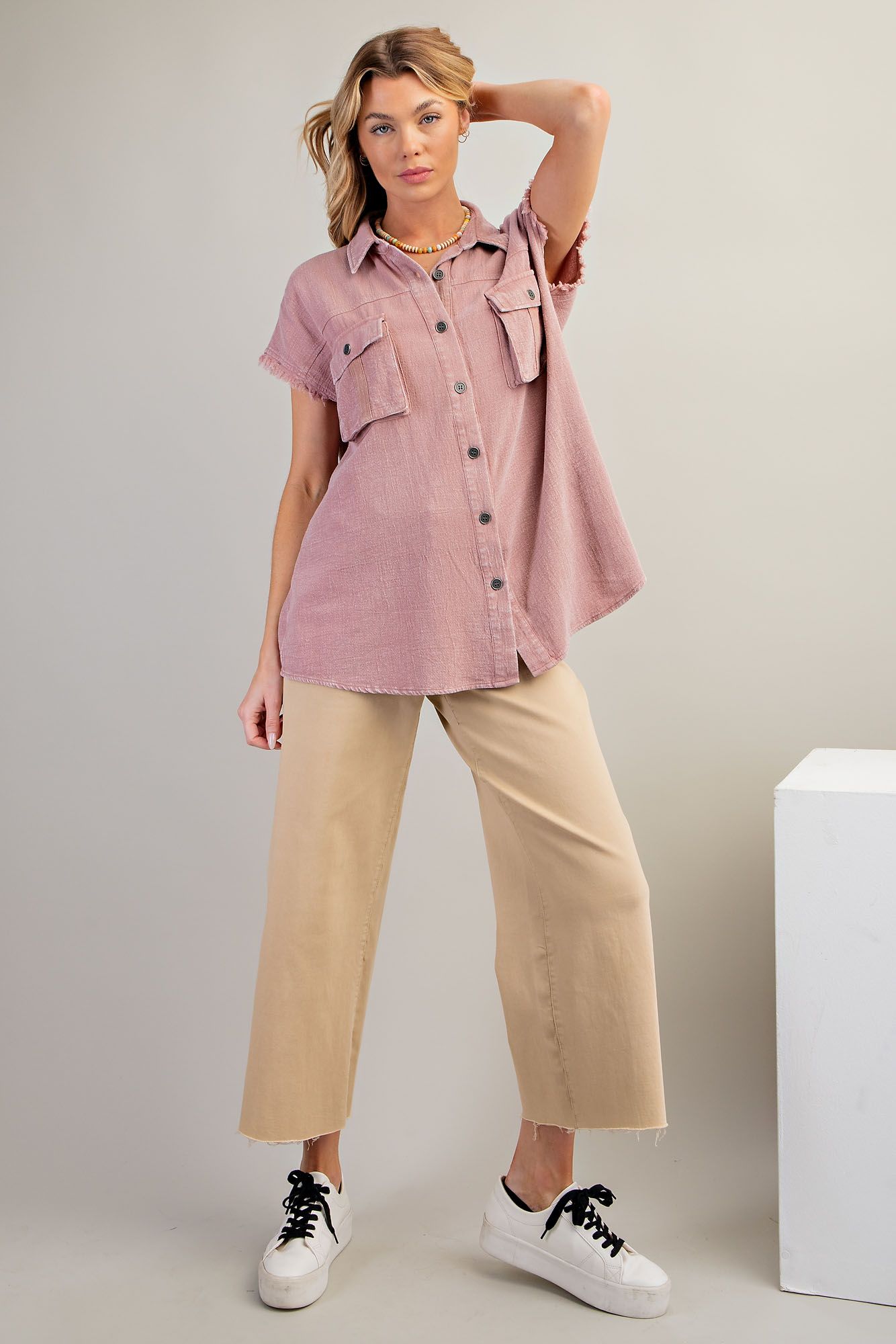 Raw Edge Cap Sleeve Mineral Washed Button Down Top - Dusty Rose