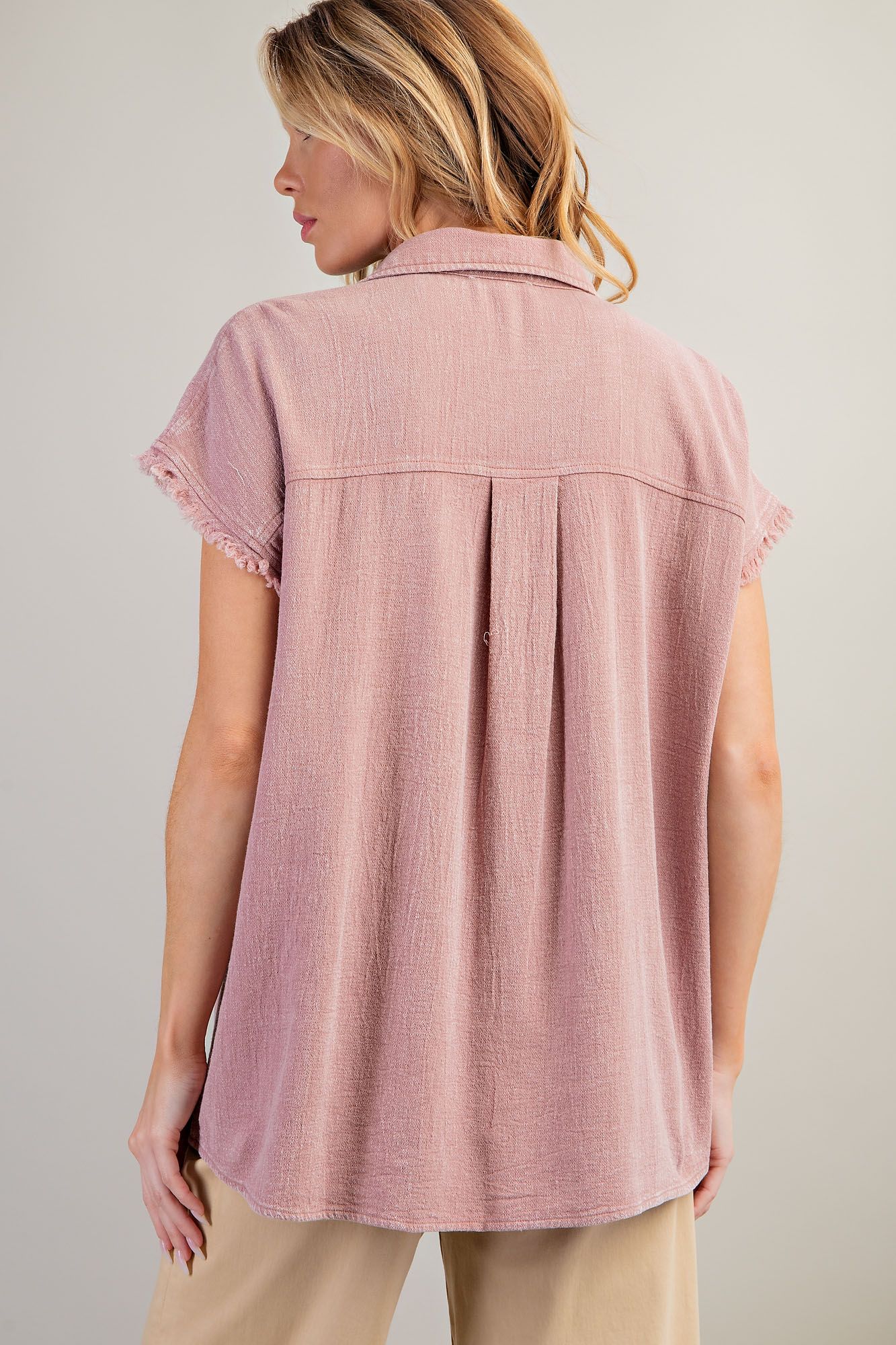 Raw Edge Cap Sleeve Mineral Washed Button Down Top - Dusty Rose