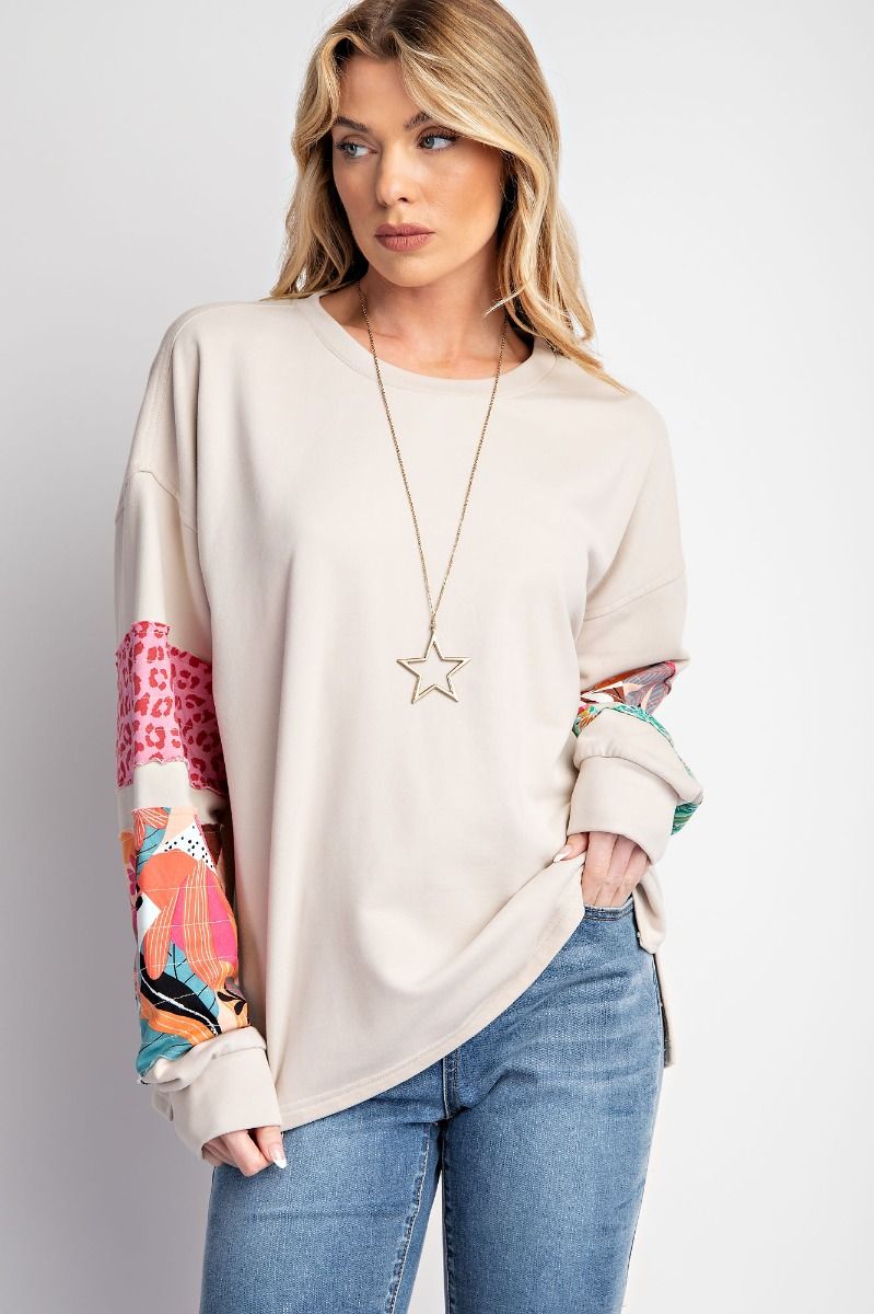 Terry Pullover - Mixed Print Sleeves - Boxy and Loose Fit - Plus