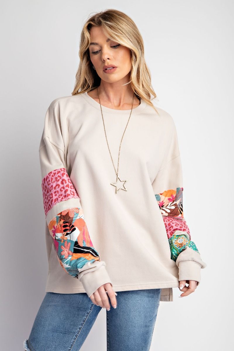 Terry Pullover - Mixed Print Sleeves - Boxy and Loose Fit - Plus