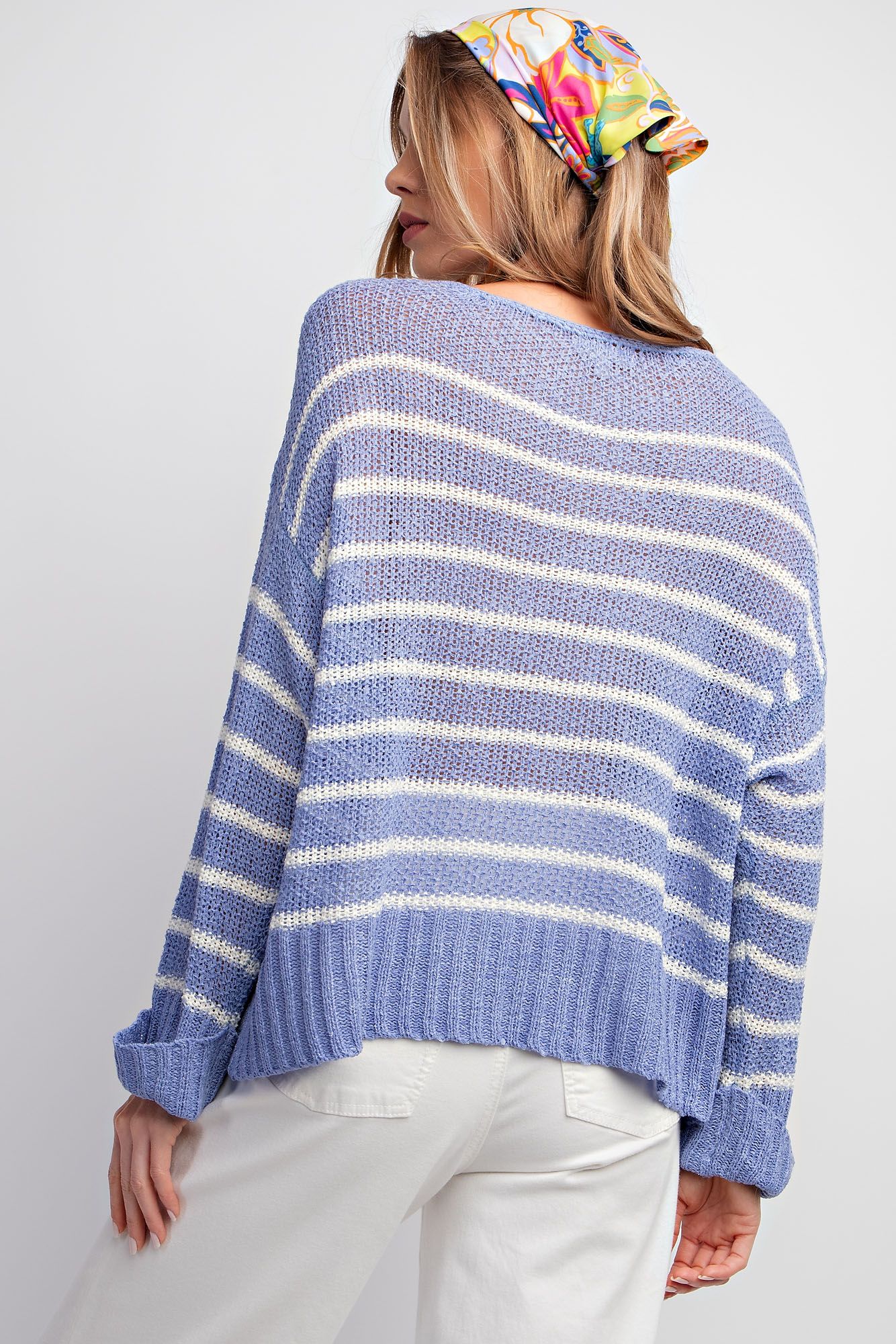 Knitted Sweater - Relaxed Fit - Periwinkle with White Stripes