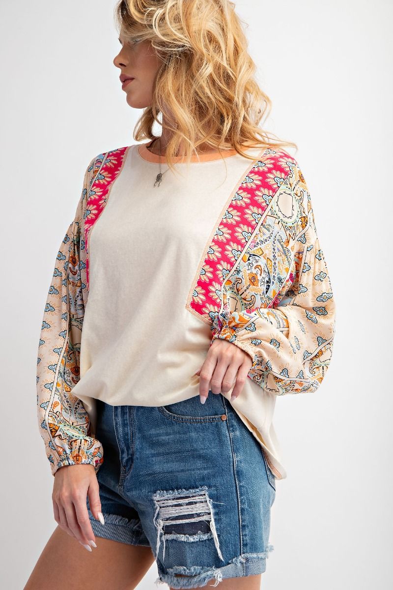 Beige Pink Print Mixed with Cotton Slub Knit Top - Plus - Buttercup Lynne Boutique