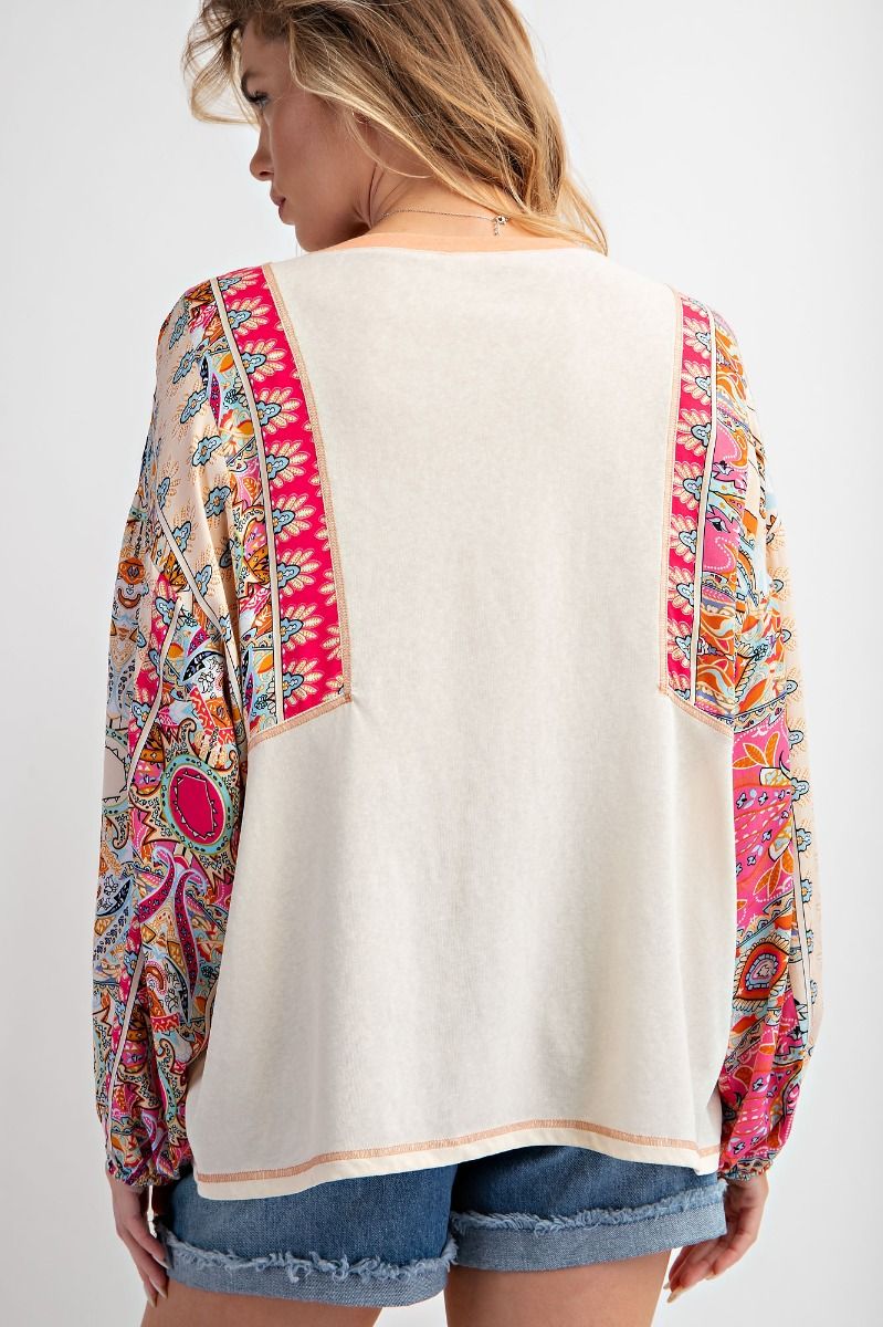 Beige Pink Print Mixed with Cotton Slub Knit Top - Plus - Buttercup Lynne Boutique