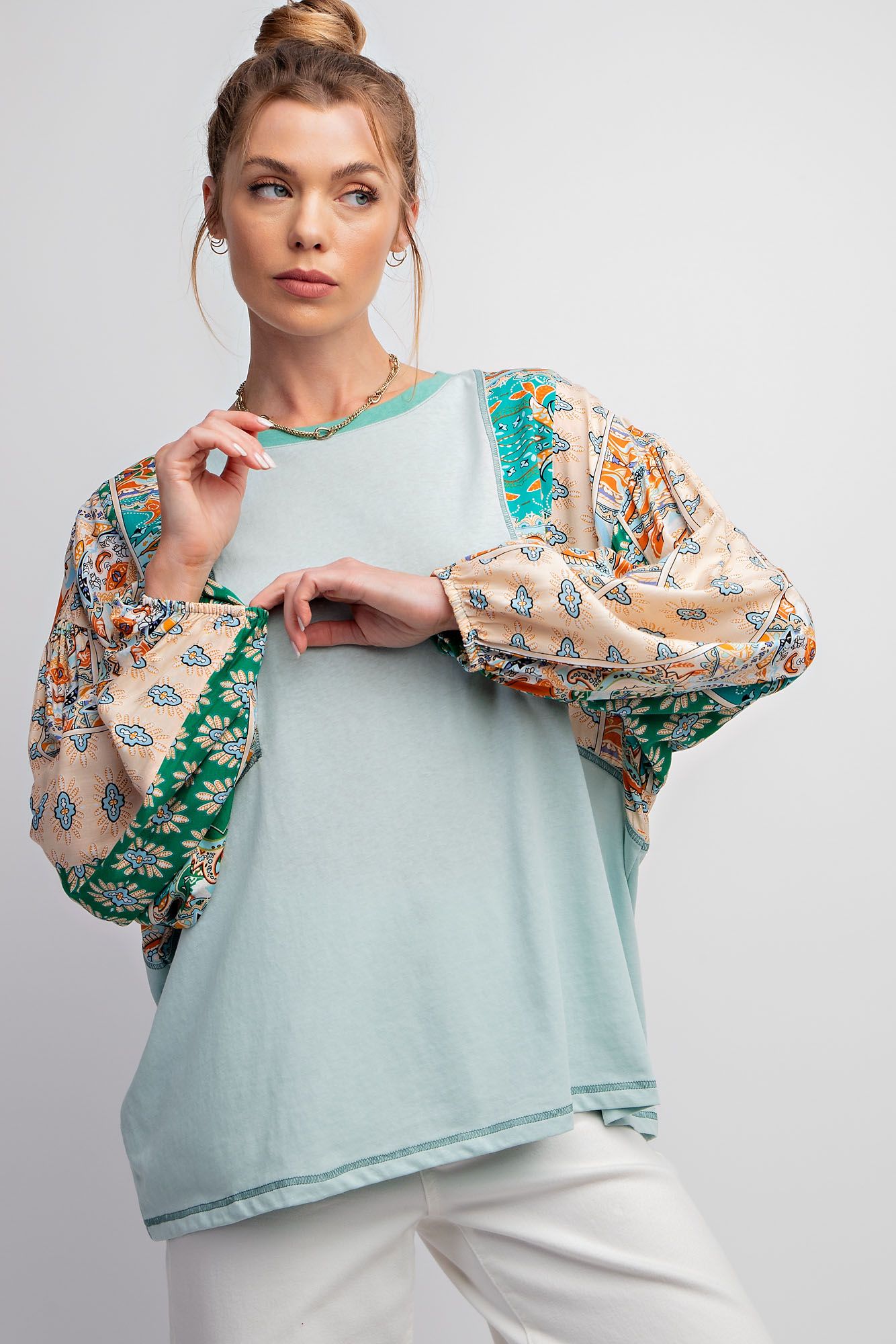 Sage Green Print Mixed with Cotton Slub Knit Top - Plus