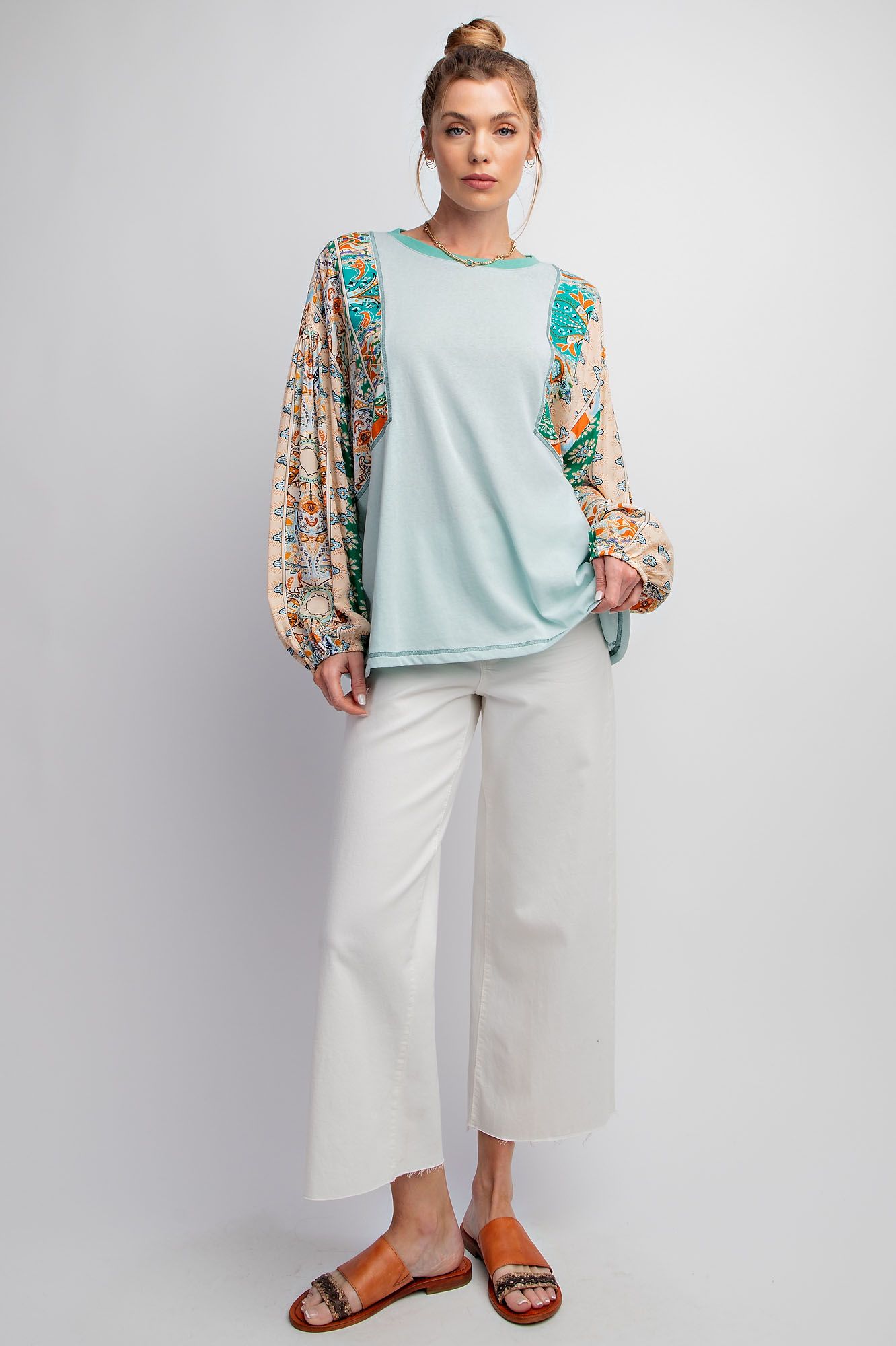 Sage Green Print Mixed with Cotton Slub Knit Top - Plus