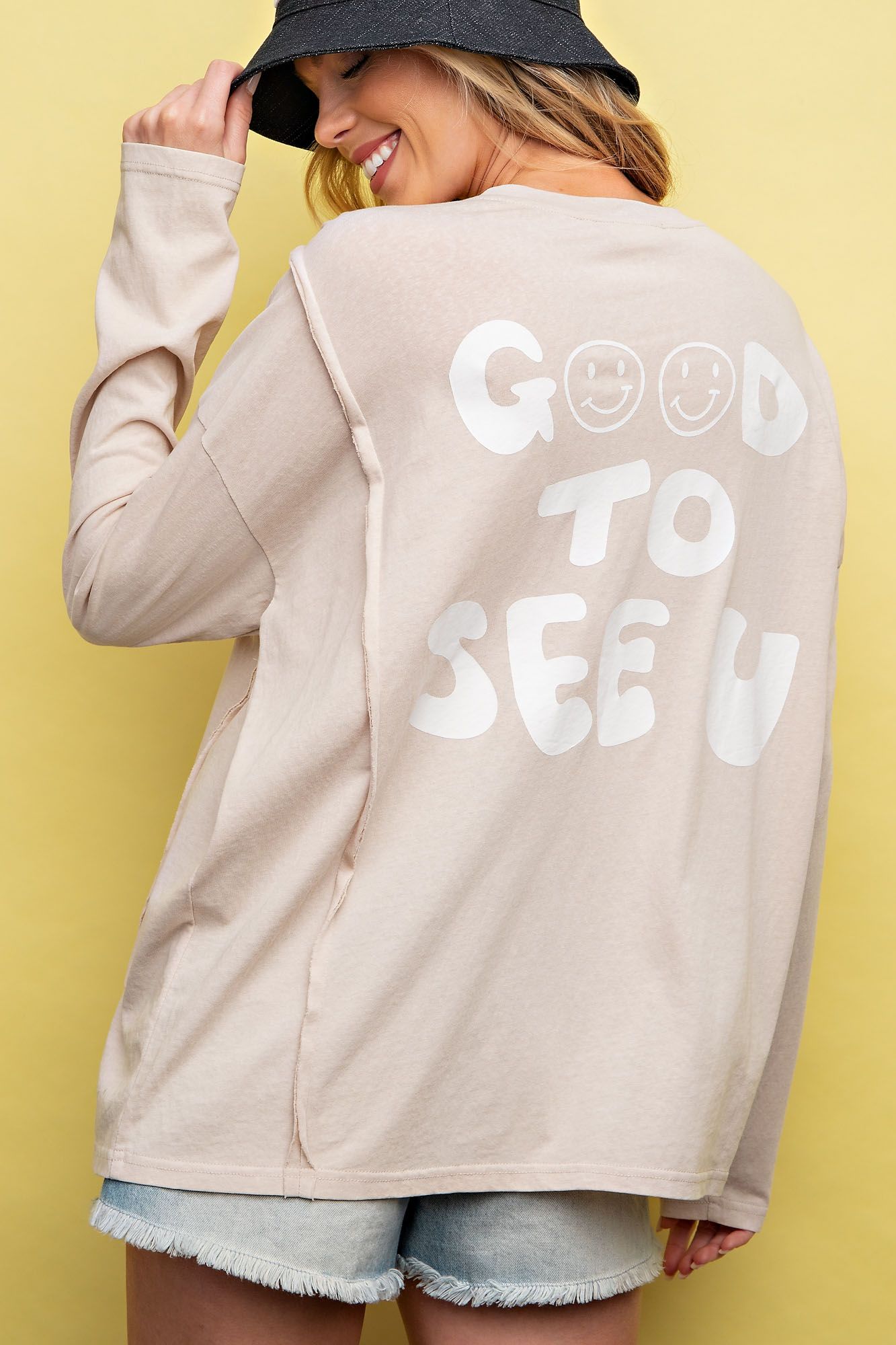 Cotton Slub Top with a Smiling Face Print - "Good to See U"