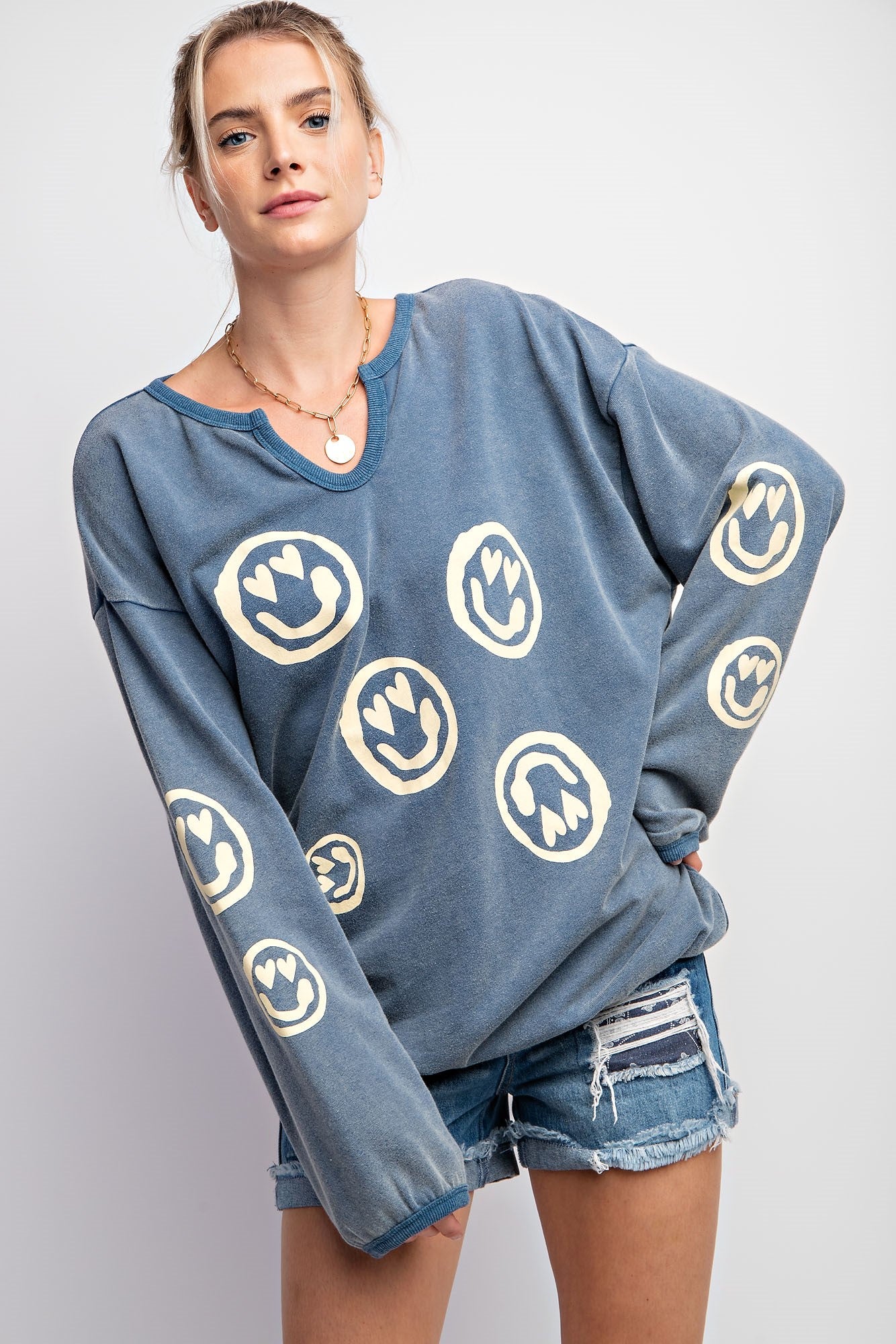 Smiley Face Printed Washed Terry Knit Pullover - Blue Denim