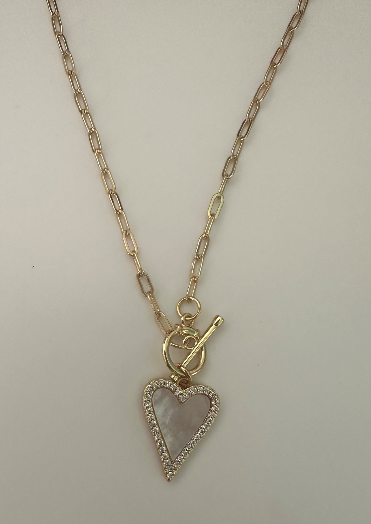 Mother of Pearl Pave Heart Toggle Pendant Necklace