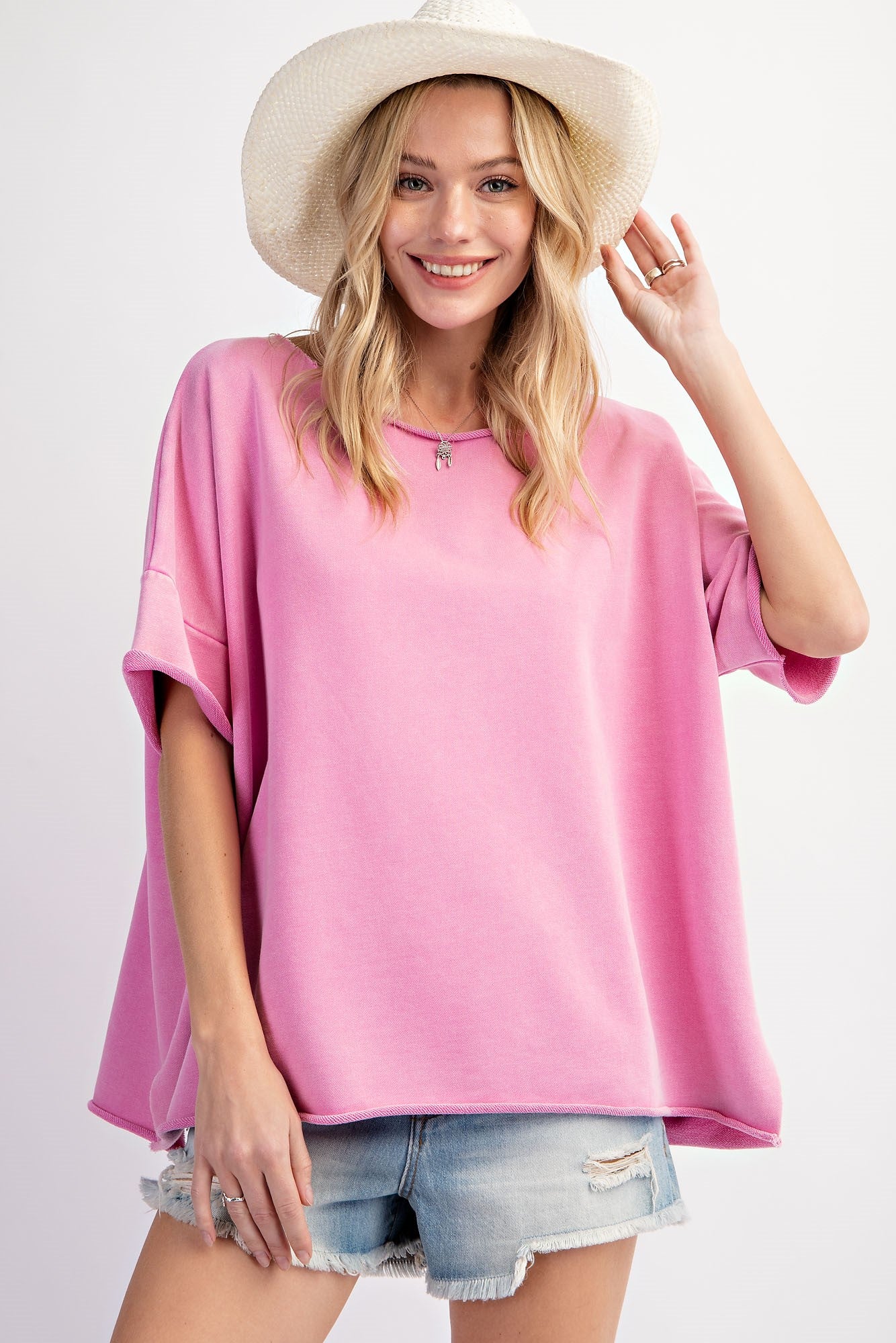 Terry Knit Short Sleeve Acid Wash Top - Malibu Pink