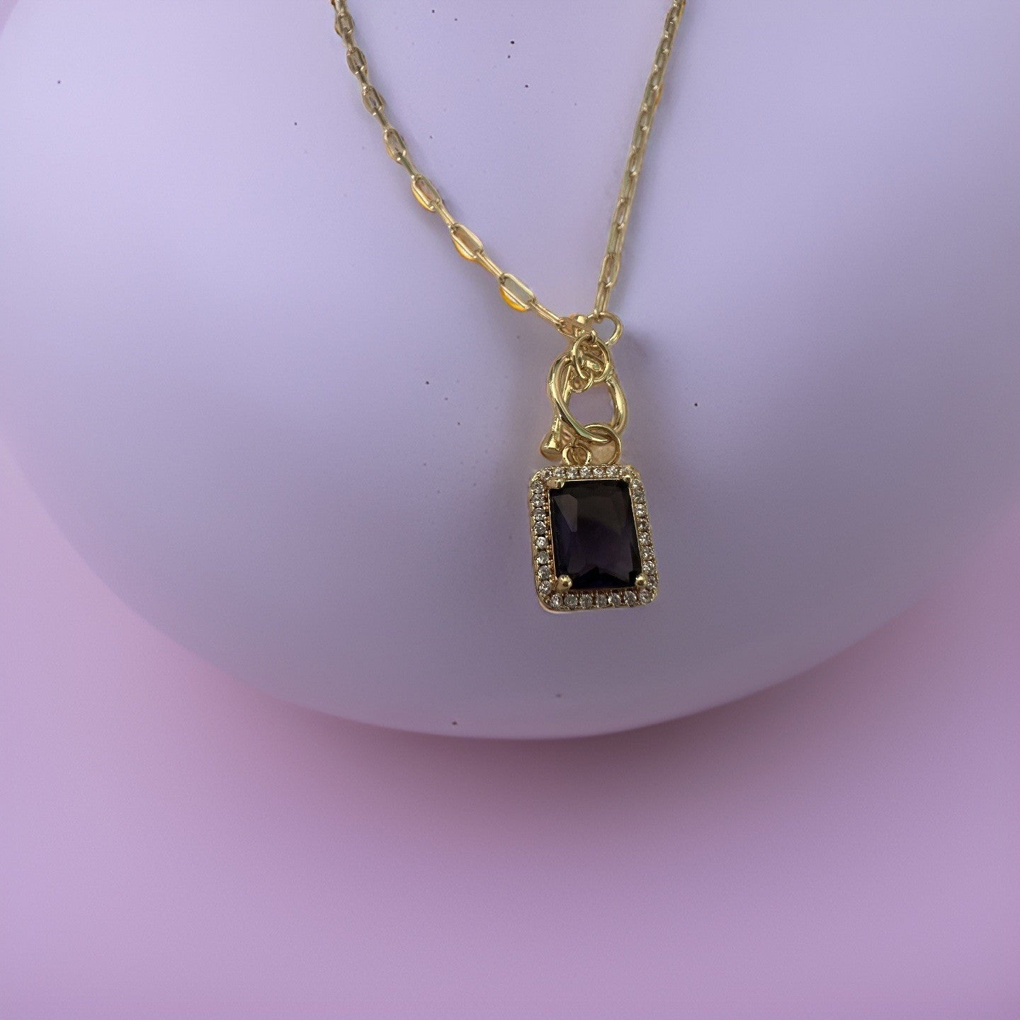 Purple Pave Framed Pendant Necklace Paperclip Chain - Buttercup Lynne Boutique