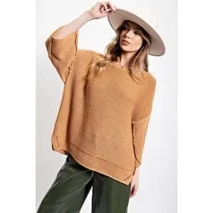 Sweater Boxy Knitted Dolman Sleeve Oversized – Regular and Plus - Black, Caramel and Peri Blue