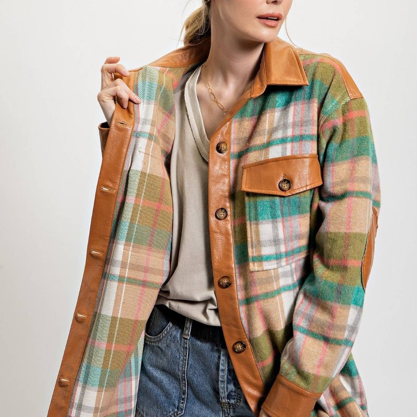 Plaid Button Down Shirt - Jacket - Green - Brown