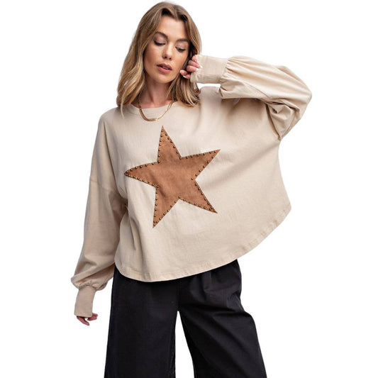 Suede Star Patch Jersey Top Drop Shoulder - Regular and Plus