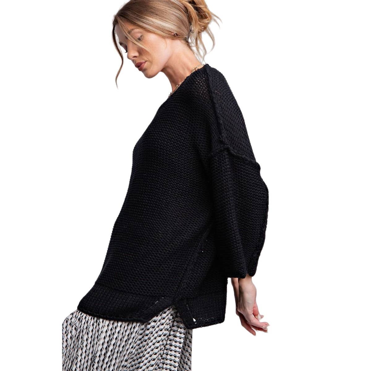 Sweater Boxy Knitted Dolman Sleeve Oversized – Regular and Plus - Black, Caramel and Peri Blue