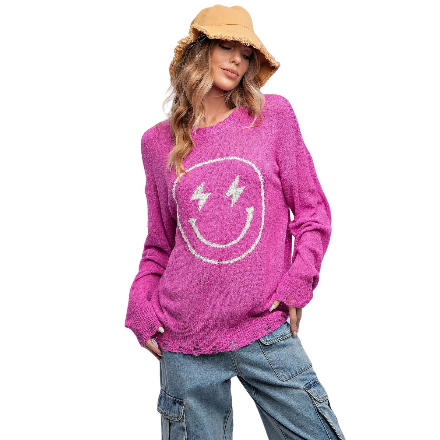 Smiley Face Knitted Sweater Relaxed Loose Fit - Regular and Plus