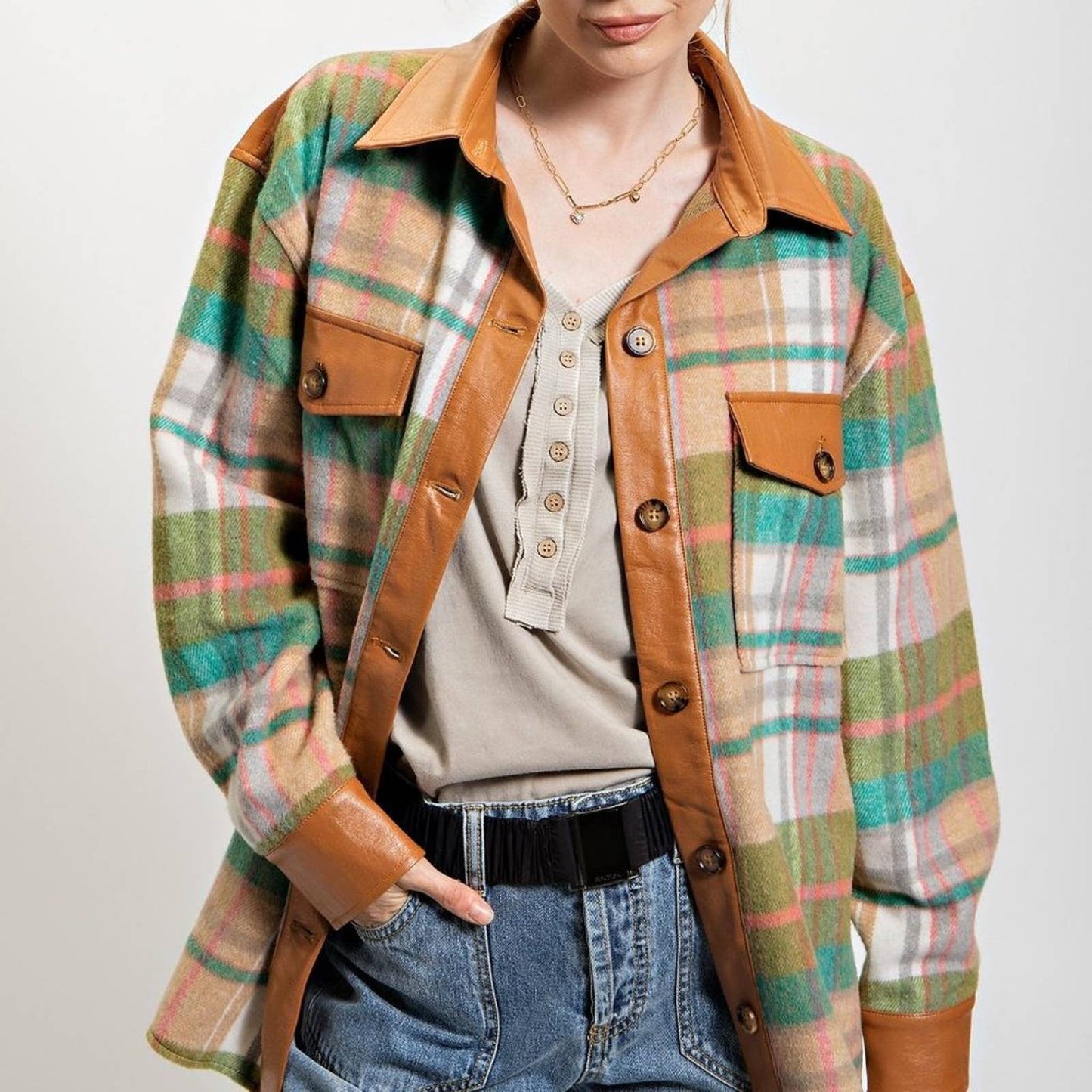 Plaid Button Down Shirt - Jacket - Green - Brown