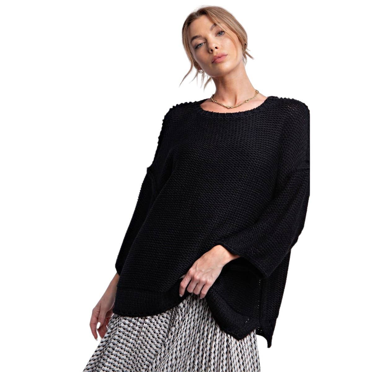 Sweater Boxy Knitted Dolman Sleeve Oversized – Regular and Plus - Black, Caramel and Peri Blue